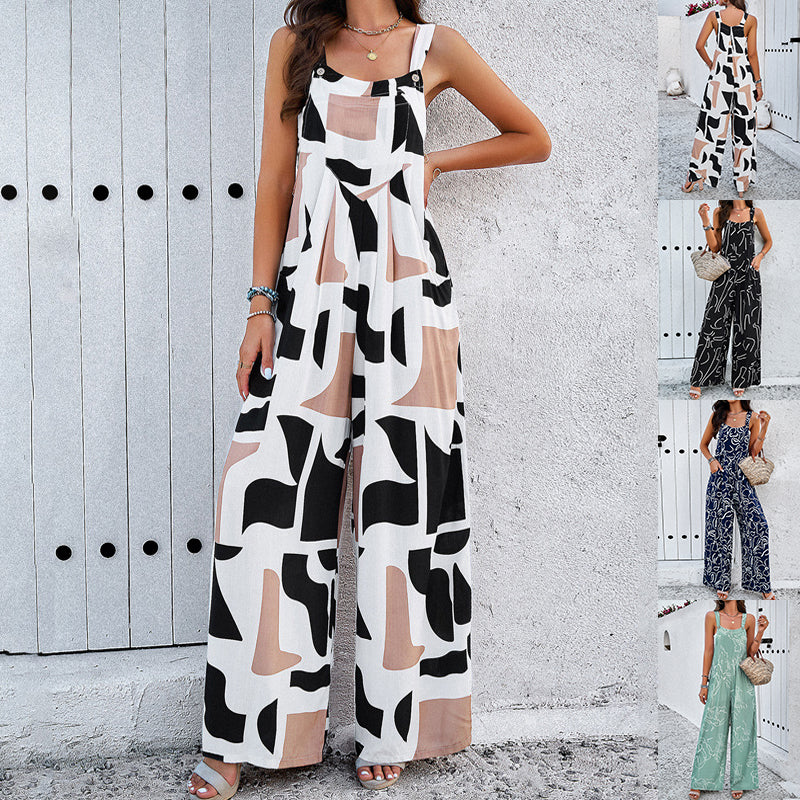 Fashion Print Square Neck Jumpsuit With Pockets Spring Summer Casual Loose Overalls Womens Clothing - nargis