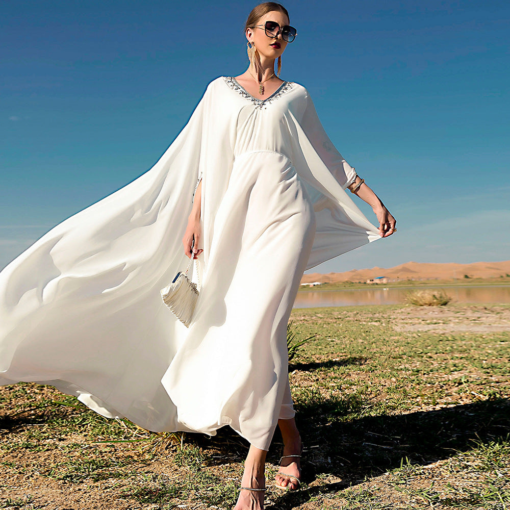 White V-neck Hand-stitched Diamond Cloak Large Swing Dress - nargis