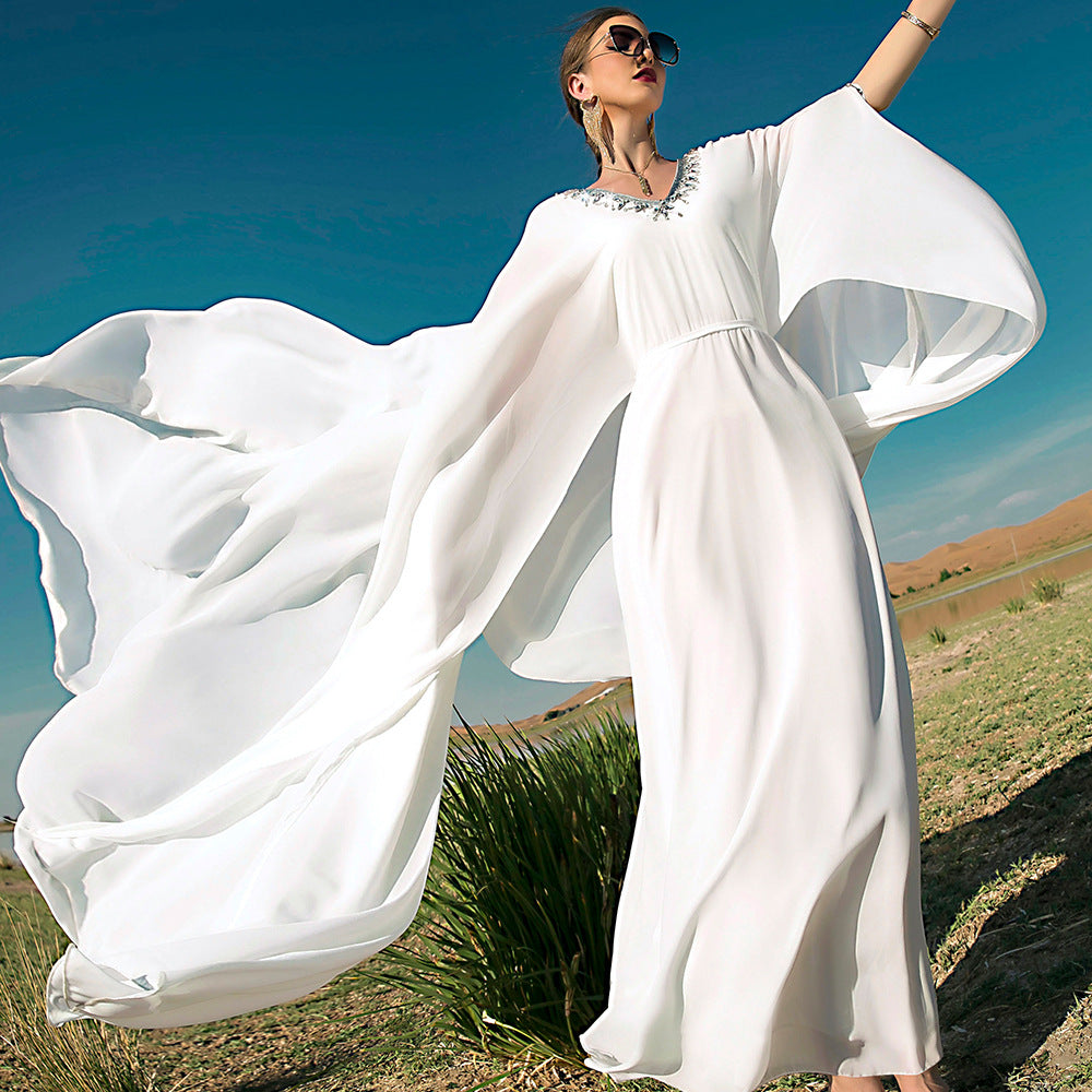 White V-neck Hand-stitched Diamond Cloak Large Swing Dress - nargis