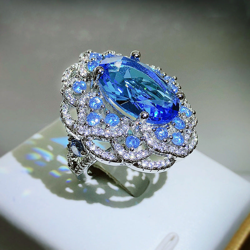 Artificial Ocean Blue Topaz Colored Gems Open Ring For Women - nargis