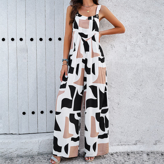 Fashion Print Square Neck Jumpsuit With Pockets Spring Summer Casual Loose Overalls Womens Clothing - nargis
