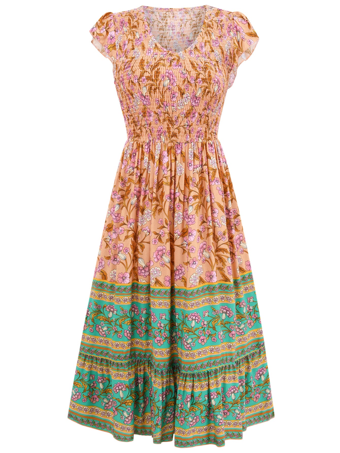 Neue Blumen Druck V-Ausschnitt Kleid Sommer Casual Rüsche Ärmellose Kleider Bohemian Holiday Beach Kleid für Damenkleidung - nargis