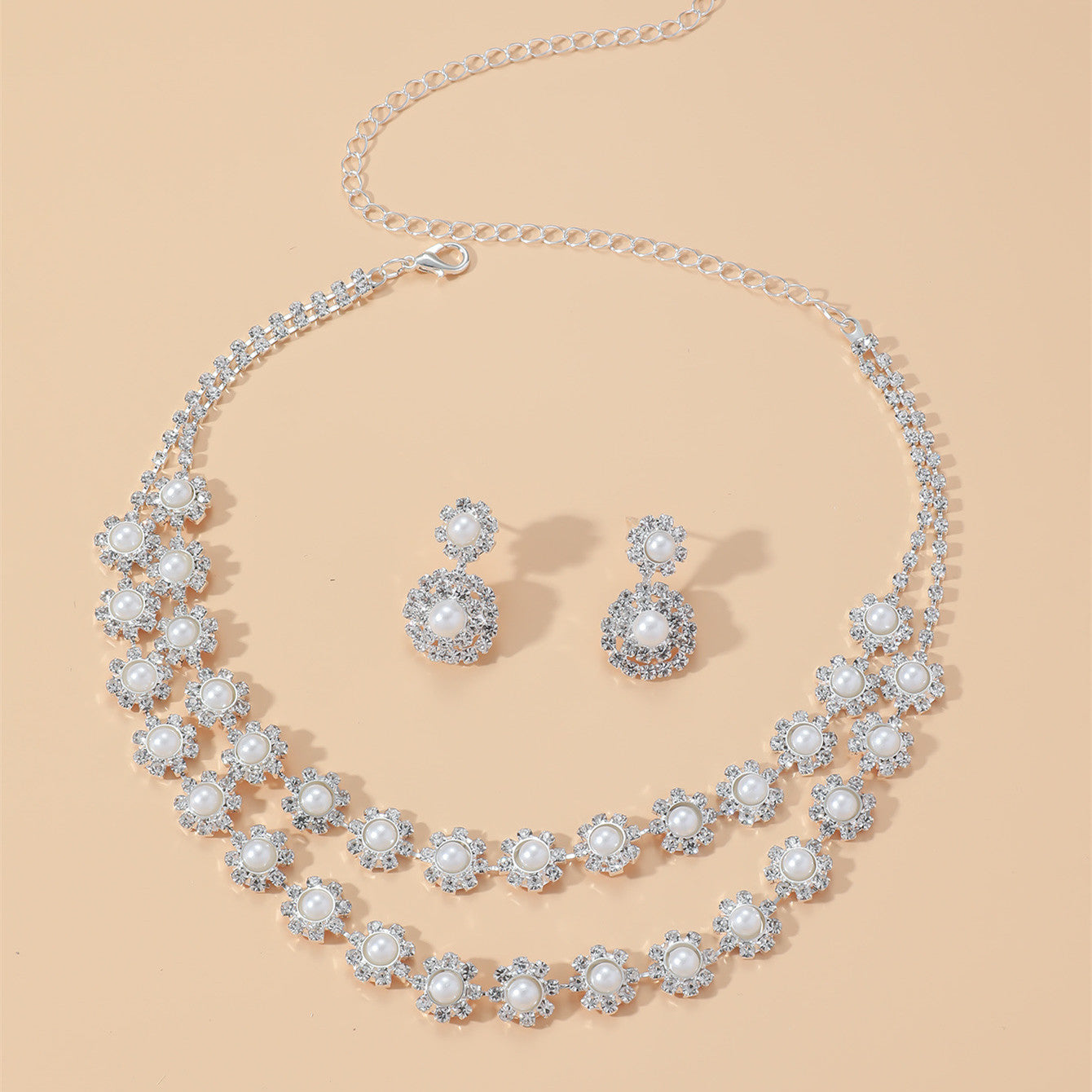 Double Row Zircon Pearl Necklace Earrings - nargis
